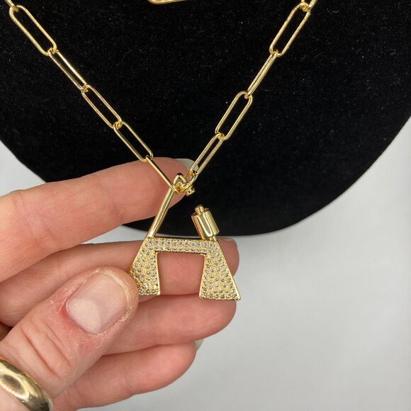 Brass Letter "A" Pendant Cubic Zirconia adjustable 20 inch Paper Clip Chain NEW - Picture 4 of 12